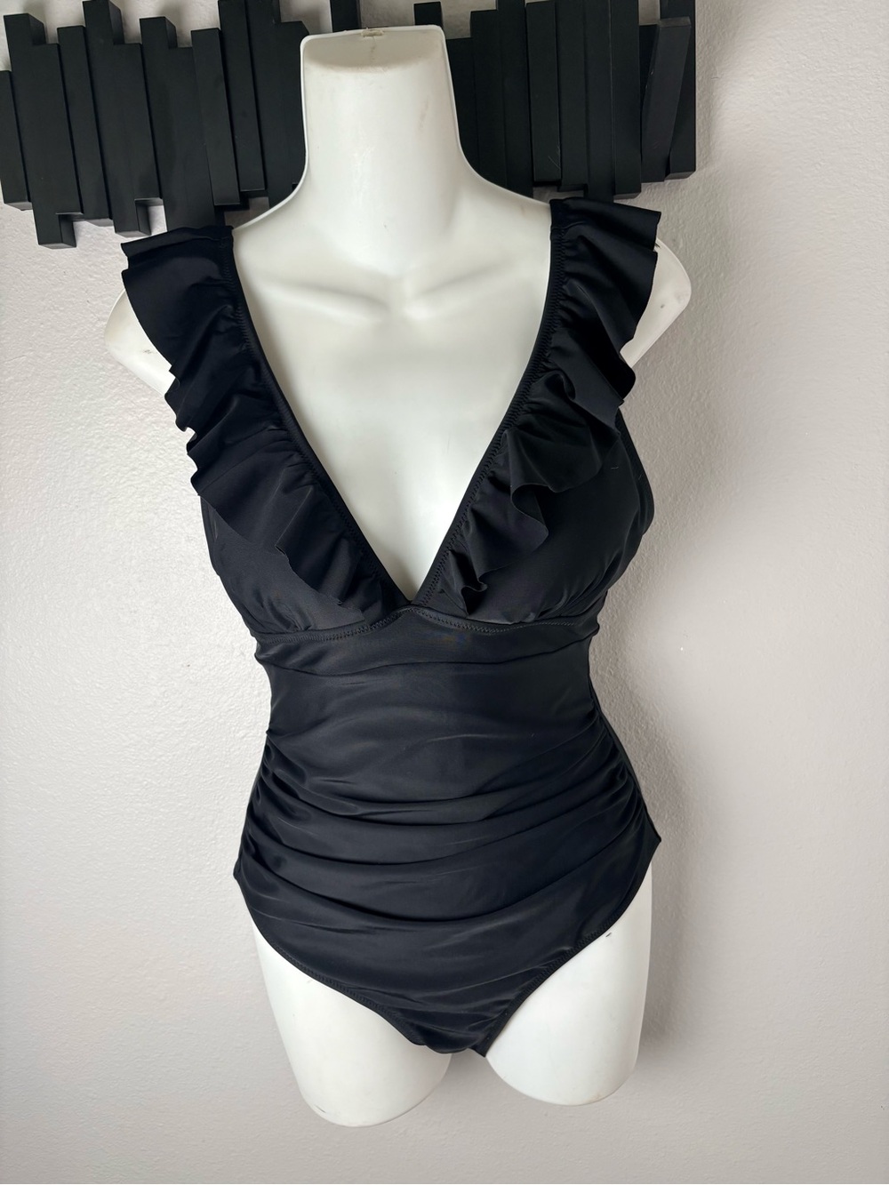 Black Ruffled Deep Low Plunge Light Padded Cups One Piece Swimsuit Womens Size S